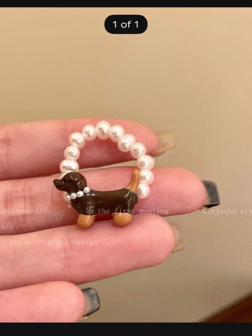 Pearl Beaded Dachshund Dog Ring - Brown